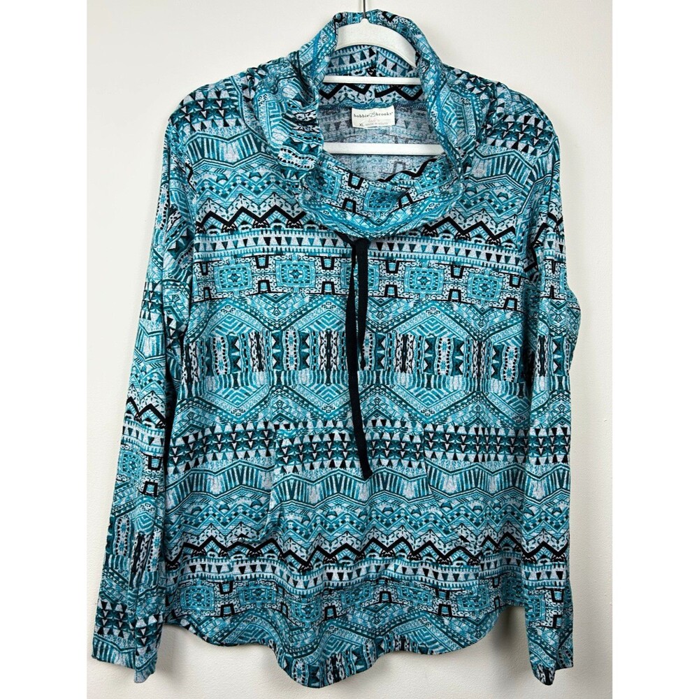 Bobbie Brooks Women’s XL Regular Blue/Black Geometric Cowl Neck Knit Pullover